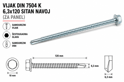 VIJAK DIN 7504 K 6,3x120 SITAN NAVOJ (ZA PANEL)